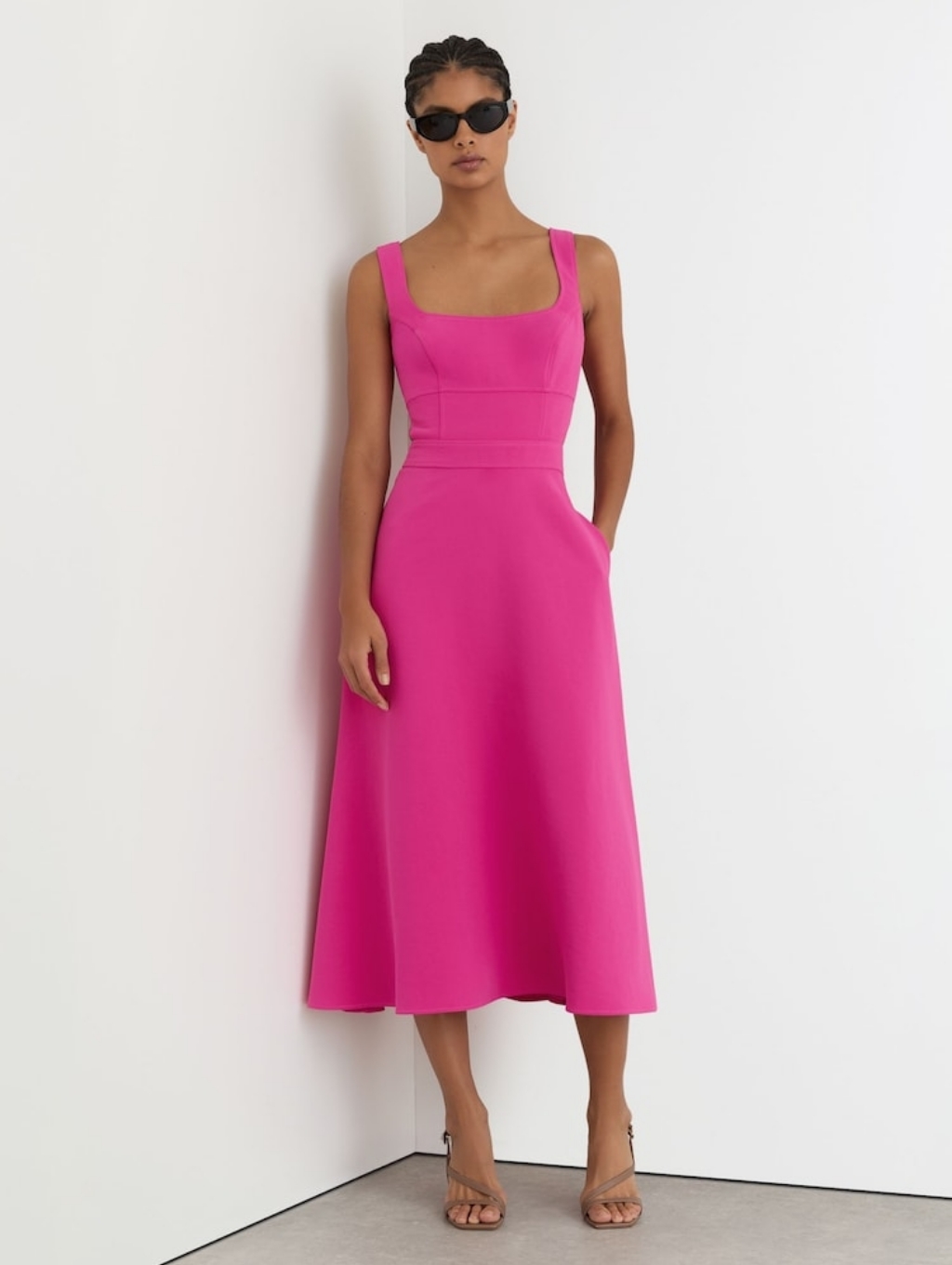 Reiss Dinawaisted Cut-Out Twill Midi Dress In Raspberry Pink